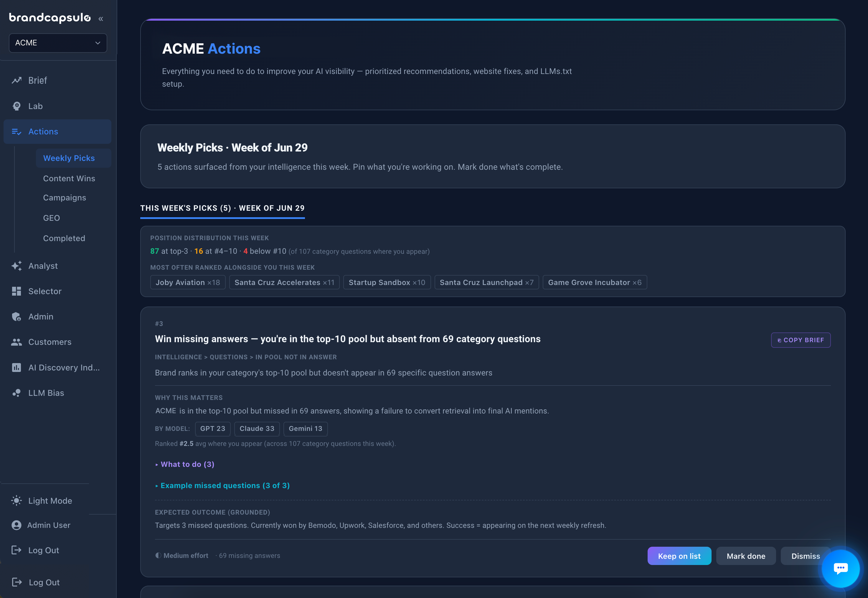 Actions — content wins, campaigns, and the GEO site audit